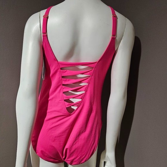 Bleu by Rod Beattie Beaded-Cutout One-Piece Swimsuit Rose Red Size 14 - Picture 4 of 14